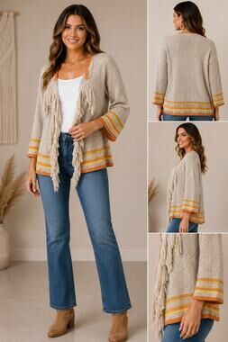 Ruby Rd Fringe Open Cardigan Sweater Beige Taupe Orange Boho Knit 3/4 Sleeve L